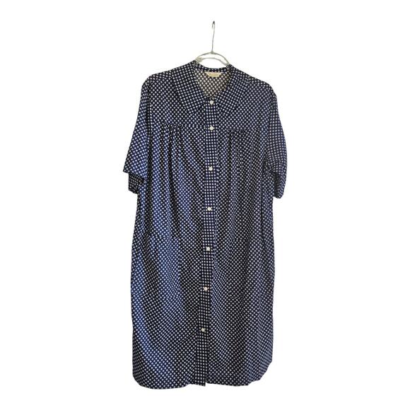Miss Elaine Housecoat Snap Closure Navy White Floral Collared S/S Pockets READ - Picture 1 of 8